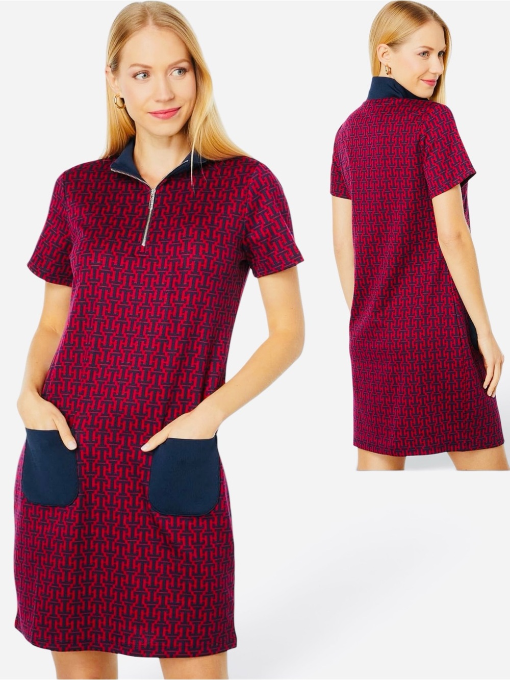 TOMMY HILFIGER Women's Logo-Print Quarter-Zip Sheath Polo Dress